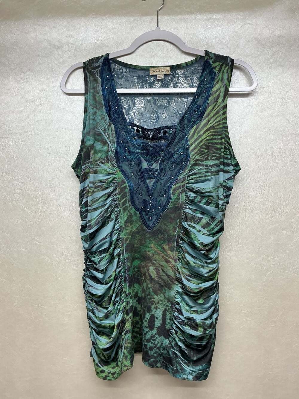 Y2K Live and Let Live Green Animal Print Embellished Ruched V-Neck Tank Top XL